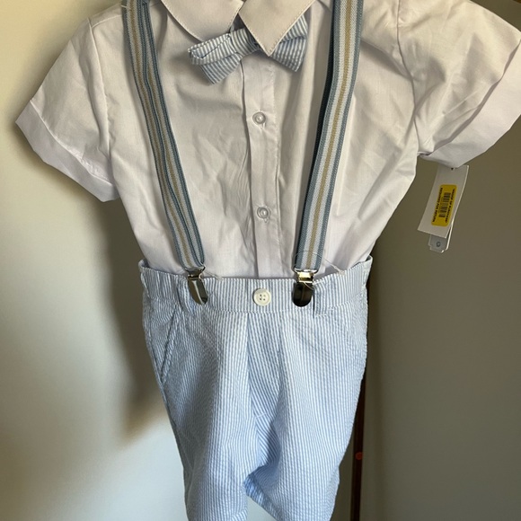 Boys 3T Stripe Button-Front Shirt & Linen Suspender Shorts 2-Piece Set - Picture 2 of 3